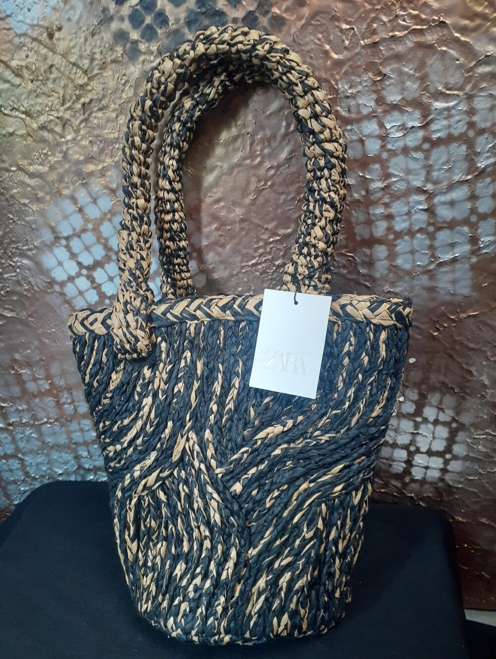Zara Two-Tone Braided Straw Tote Bag in Black & Tan